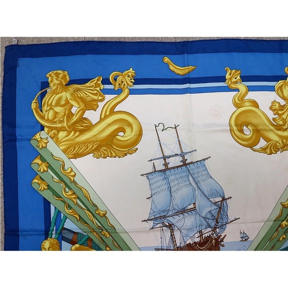 Hermès Blue and Gold Silk Scarf - Picture 2 of 12